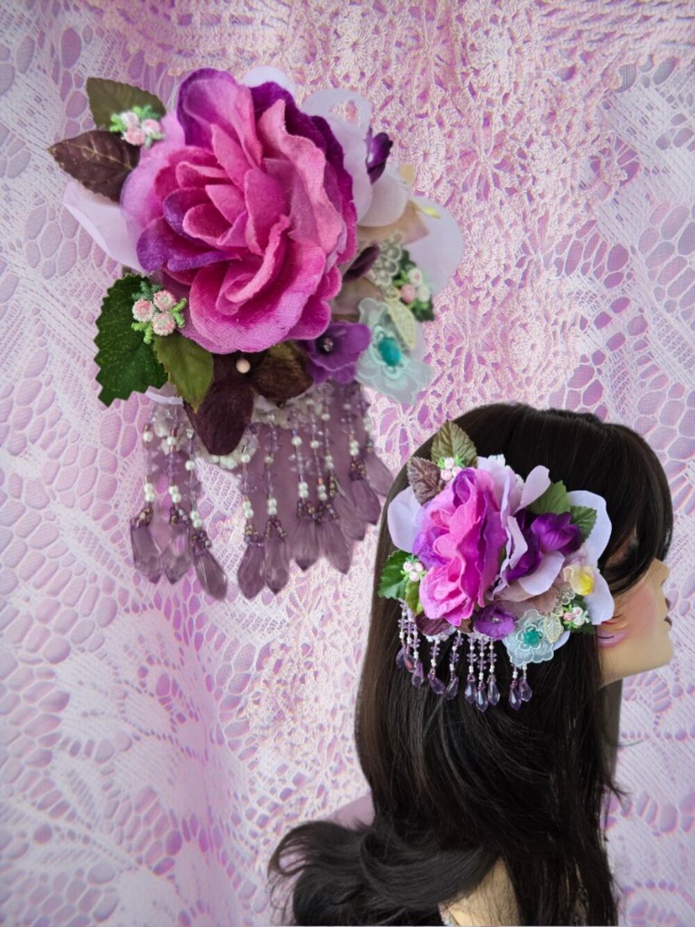 Handmade Velvet Rose Hair Clip Beaded Fringe Flapper Style Dollette Fairycore